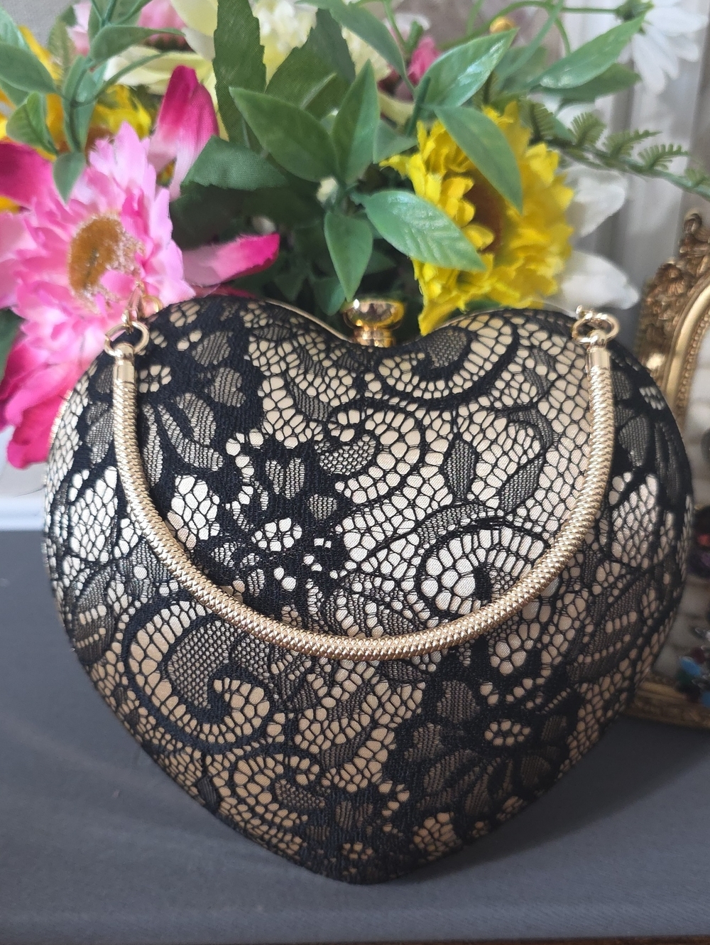 Heart-Shaped Lace Clutch in Black and Gold